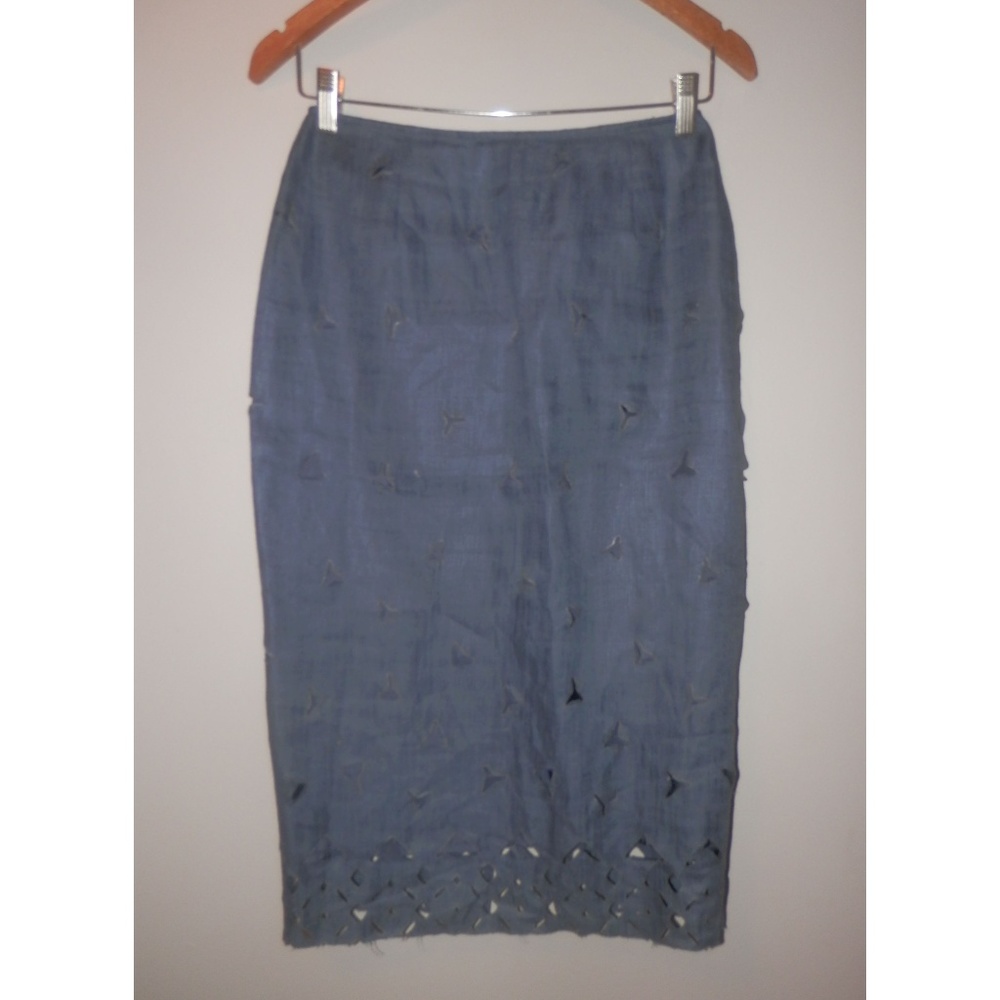LAFAYETTE 148 Skirt 4 Navy Blue Cutouts Straight L - Picture 1 of 4